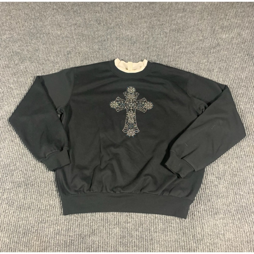 Morning Sun Sweatshirt Womens M Black Pullover Beaded Rhinestone Cross Religious